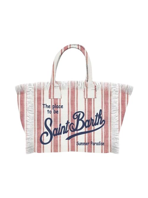 borsa donna vanity in lino a righe grandi bianco e rosso MC2 Saint Barth | VANITY LINEN-LINEN BEACH STRIPESV41
